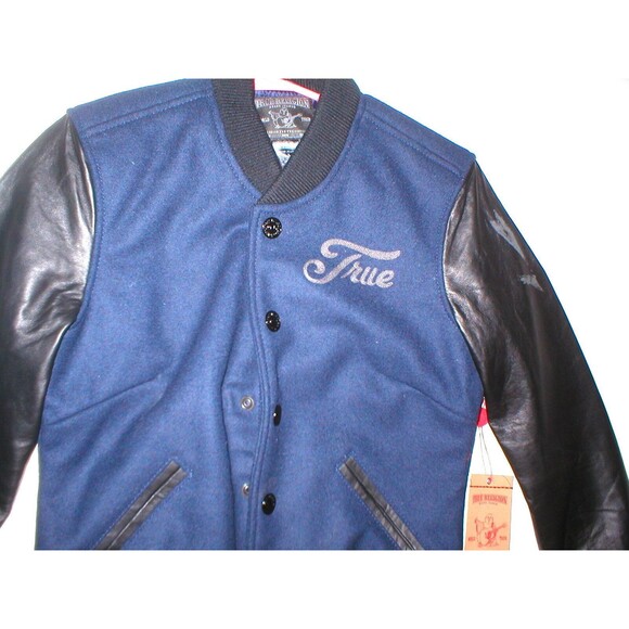 New NWT Womens True Religion Varsity Leather Jacket M Dark Navy Blue Black Wool - Picture 3 of 11